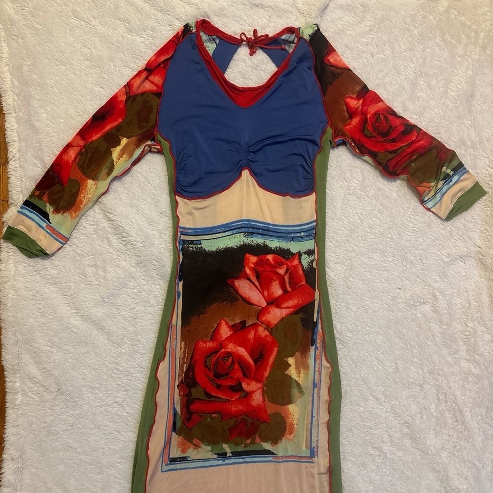 Jean Paul Gaultier Red and Blue Floral Long Sleeve Dress